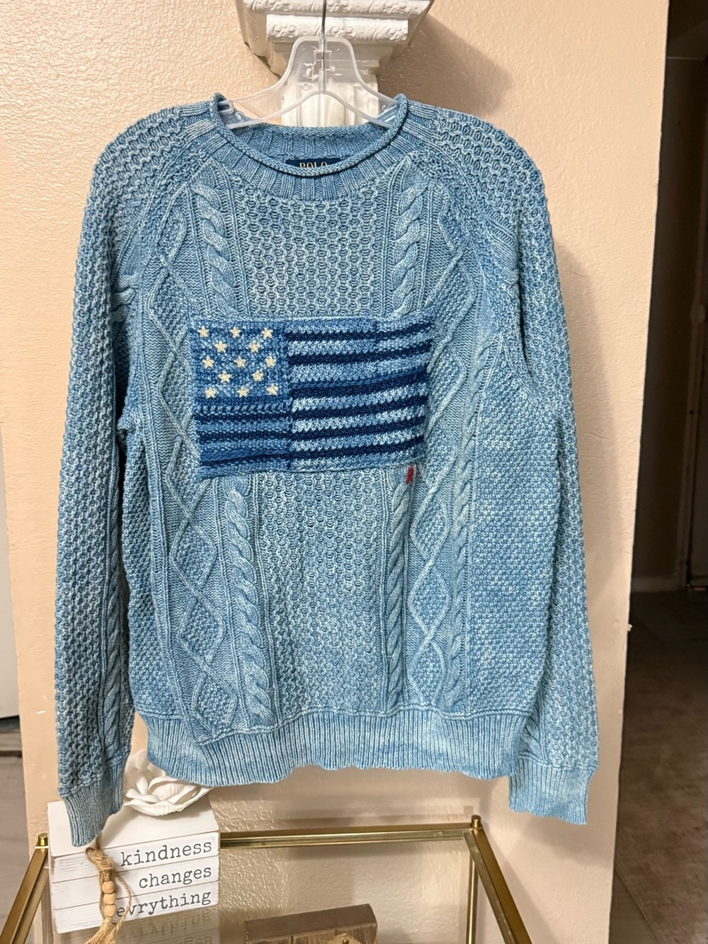 Polo by Ralph Lauren Light Blue Cable-Knit Crewneck with Flag Appliqué